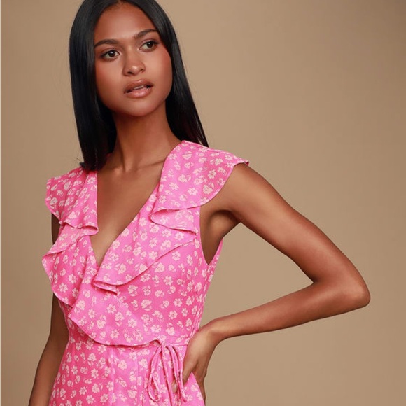 Lulu’s Pink Floral Cornelia Wrap Ruffled Midi Dress S - Picture 4 of 6